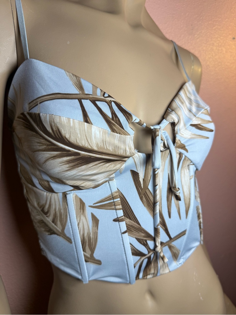Windsor Tropical Corset Crop Top Light Blue Palm Print